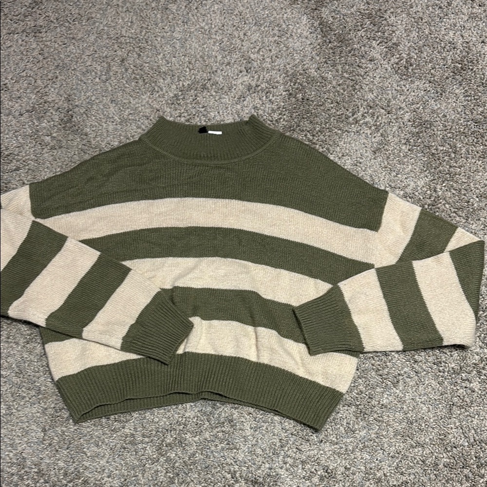 Divided Olive and Cream Cowl Neck Sweater with Stripes